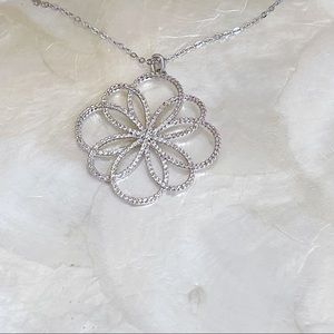 White Gold Plated Micro Pave CZ Floral Pendant Necklace Bridal 17” Wedding NEW